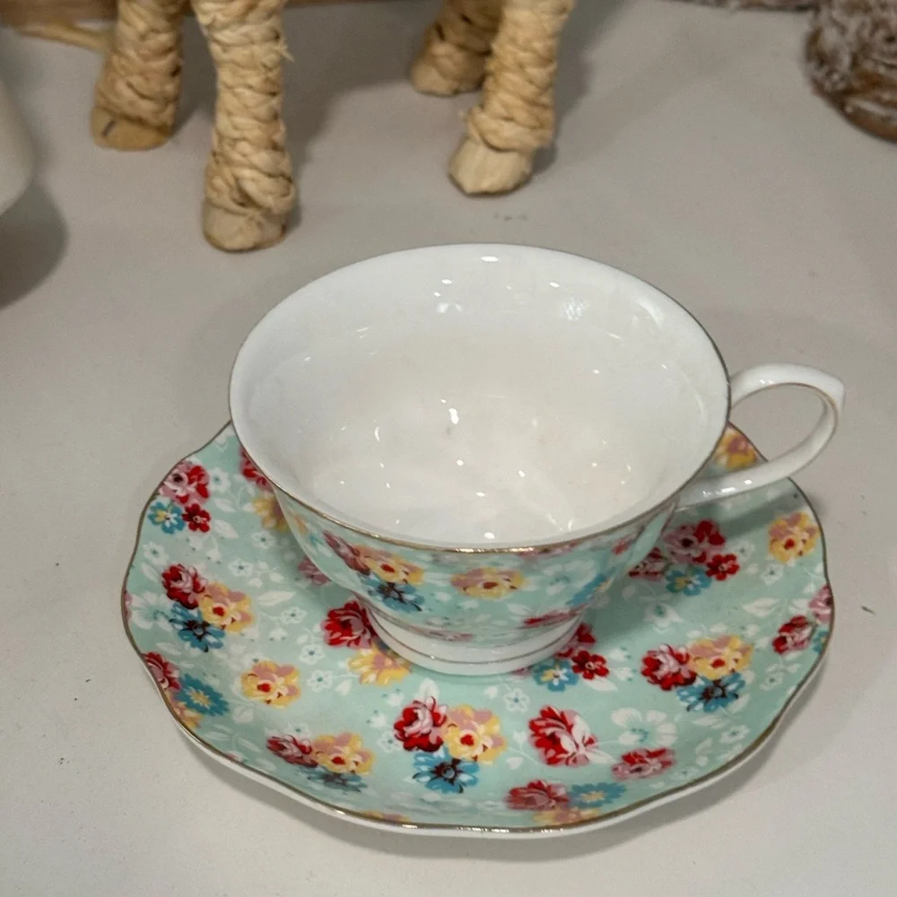 Grace Floral China Teacup and Saucer Set - Blue and Multicolor (4)
